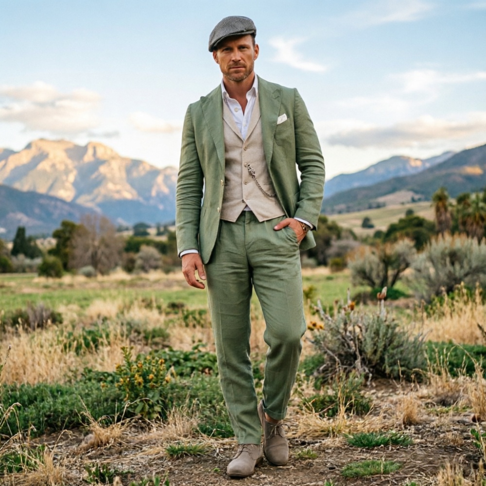 Men Linen Formal Wear - Adaçayı Yeşili Keten Erkek 3 Parça