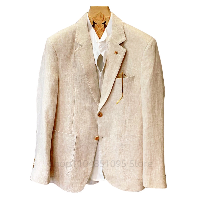 Men Linen Formal Wear - Bej Erkek Takım Elbise Keten Blazer