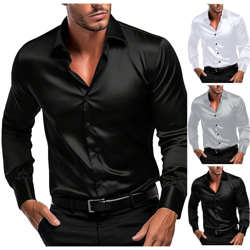 Mens Formal Look - Erkek Parlak Saten Uzun Kollu Gömlek