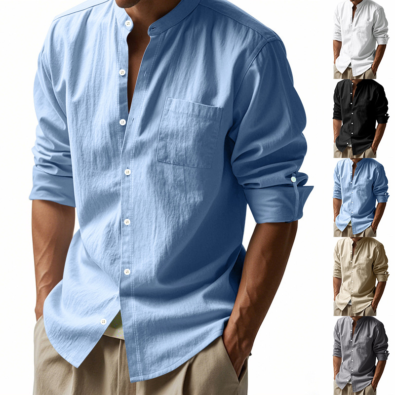Men Linen Formal Wear - Erkek Keten Dik Yaka Gömlek Moda