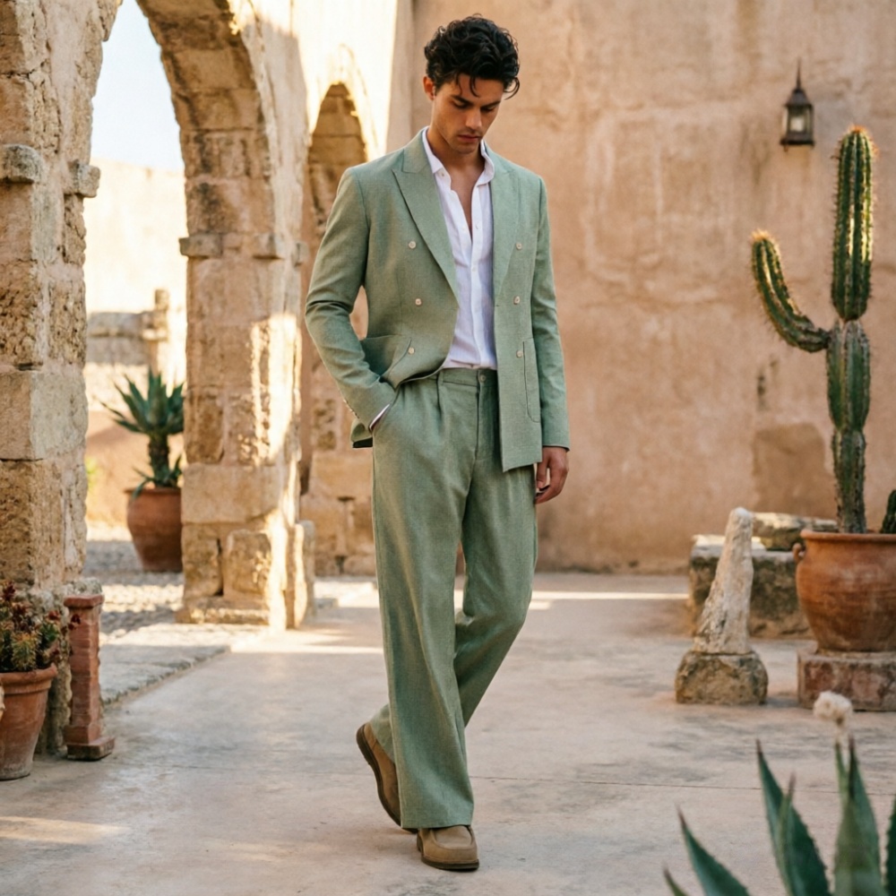 Men'S Relaxed Formal Wear - Adaçayı Yeşili Keten Erkek Takımları Rahat